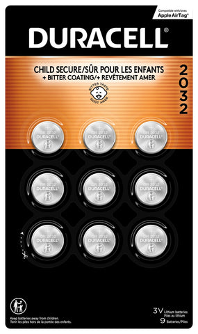 Duracell 2032 Lithium Battery, 9 Count (Pack of 1) Child Safety Features, Compatible with Apple AirTag, Key Fob, Tea Light Candles and Other Devices, CR2032 Battery, Lithium Coin Battery